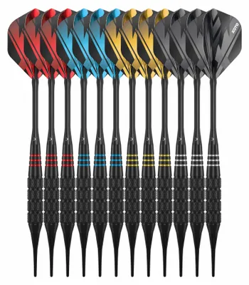 Produktbild von KOTO - Brass Multiset 12 Soft Tip Dartpfeile, 16 Gramm, Messing Softdarts, Inkl. 4 Sätze Flights (100 Micron), Aluminiumschäfte & Dartkoffer