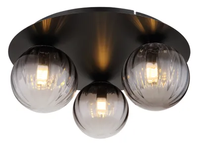 A close-up studio shot of a black ceiling light with three smoked glass globes.