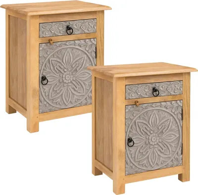 Produktbild von Marrakesch 2er Set Skandi Holz Nachttisch Ferial Grau Braun 70cm Hoch | Boho Vintage Nachtkommode orientalisch handverziert | Nachtschrank auch für Boxspringbett | Asiatische Möbel aus Indien