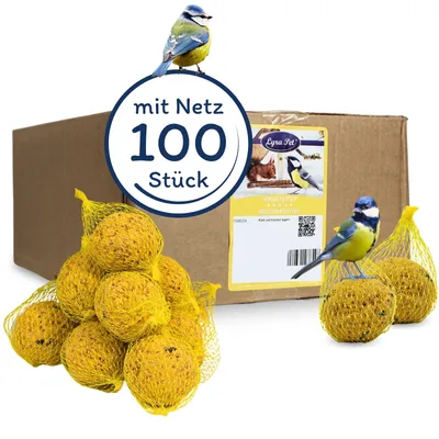 A product image showing a box of bird food balls with birds on them.