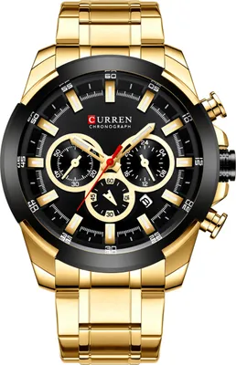 A close-up studio shot of a gold and black men's chronograph watch.