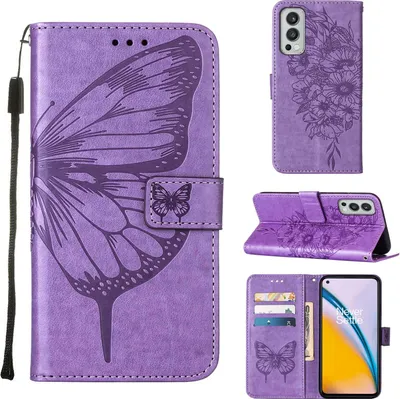 Produktbild von OnePlus Nord 2 5G Hülle, Schmetterling Prägung Flip Leder Kartenfächer Schutzhülle Ledertasche mit Ständer für OnePlus Nord 2 5G Violett