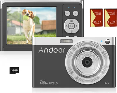 Produktbild von Andoer Kompakte 4K-Digitalkamera, Video-Camcorder, 50 MP, 2,88 Zoll, IPS-Bildschirm, Autofokus, 16-facher Zoom, Anti-Shake-Gesichtserkennung, Smile Capture, integrierter Blitz mit 2 Batterien, Tragetasche, Handschlaufe fuer Kinder und Jugendliche