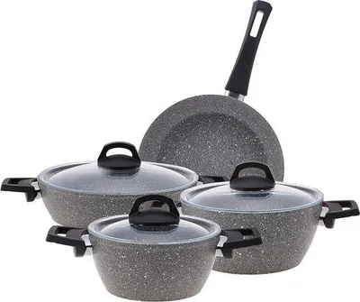 Produktbild von -granit Pannenset mit Glasdeckeln, 7-teilig, Antihaftbeschichtung, 2 Glaskochtöpfe und 2 Kochtöpfe