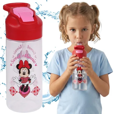 Produktbild von DISNEY Minnie Mouse Wasserflasche mit Trinköffnung und Griff, transparente Flasche mit Trinkhalm, 450 ml