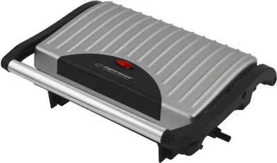 A silver and black contact grill with a red indicator light.