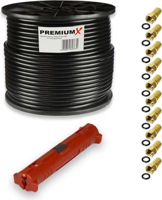Produktbild von PremiumX 100m PROFI Koaxialkabel Schwarz CU 135dB 10x F-Stecker Abisolierer