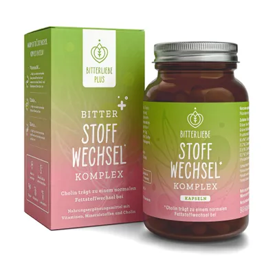 Produktbild von BitterLiebe - Bitter Stoffwechsel Komplex - 90 hochdosierte Kapseln mit Cholin, Zink, Vitaminen & Bitterstoffen - für einen normalen Stoffwechsel