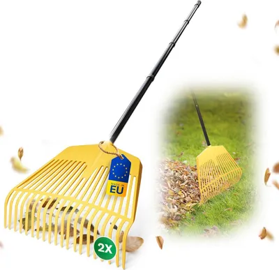 Produktbild von Novatool 2x Laubbesen mit 4tlg Steck- und Schraubstiel, 2 in 1 Kombigerät, Laubbesen & Laubgabel mit 26 Kunststoff-Zinken, Arbeitsbreite 60cm, Laubrechen, Gartenbesen, Rasenrechen, Harke, Gartengerät