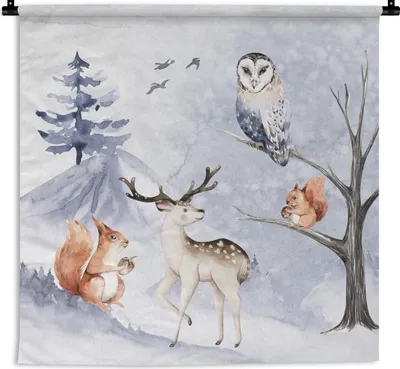Produktbild von MuchoWow® Wandteppich Wandbehang Winter - Hirsch - Eichhörnchen - Baum 150x150 cm Tapisserie Dekoration Wandtuch - Wohnaccessoires - Modernes