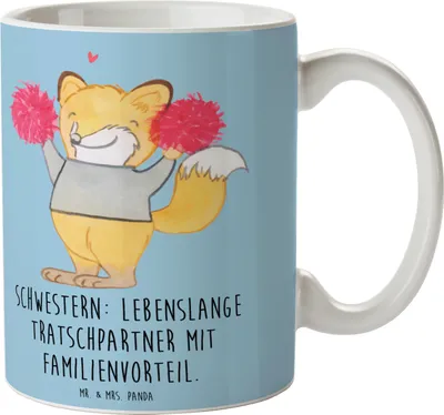 Produktbild von Mr. & Mrs. Panda Becher Schwestern Tratschpartner - Blau Pastell - Geschenk, schöne tasse, Geburtstage, Vertrautheit, Kaffeetasse, Jubiläen, Schwester, Keramiktasse, Spaß