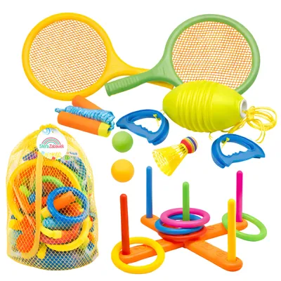 Produktbild von 6-in-1 Kinder Sportset – Outdoor Spielzeug mit Badminton, Springseil & Ringwurf