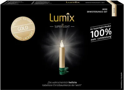 The image shows the packaging of Lumix LED Christmas tree candles.