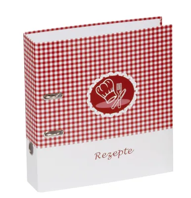 A binder with a red and white checkered pattern and a chef's hat icon.