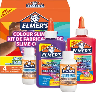 Produktbild von Elmer's Colour Slime Kit | Zubehör für Schleim enthält auswaschbaren, farbigen PVA-Kleber | farblich sortiert | mit magischer Schleim-Aktivator-Lösung | 4-teiliges Kit