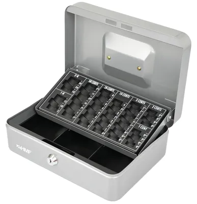 Obrázok produktu pre Uzamykateľná pokladnička – 3 priehradky na bankovky – 8 priehradiek na mince – 25 x 18 x 9 cm