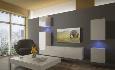 Produktbild von Furnitech Wohnwand Wohnzimmer - Wohnzimmer Möbel mit LED RGB - 16 Farben - Hängend Wohnwand Modern - Regale und TV Schrank (AN17-18W-HG2 1B)