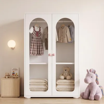 Produktbild von LVHOM Kinderschrank mit splitterfreien Acryltüren, 2-türiger Kleiderschrank mit Kleiderstange, lackierter Vitrinenschrank Weiß, 80x50x120 cm, KI-generiertes Bild