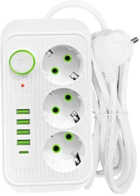 Produktbild von Netzsteckerbox mit USB und PD Schnellladen - 2 Meter Längskabel, 3 AC Steckdosen, 5 USB-Anschlüssen (einschließlich 1 Typ-C) - Netzwerkschutz für sicheres Laden - Weiß