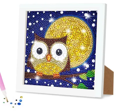 Image de Kit de peinture diamant 5D avec cadre en bois, motif chouette, peinture à faire soi-même par numéros pour adultes, décoration murale