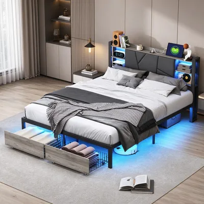 Imagen del producto de Cama doble INONEFT de 140x200 cm con somier, estructura de cama metálica con iluminación LED y puertos USB, y cabecero acolchado, color