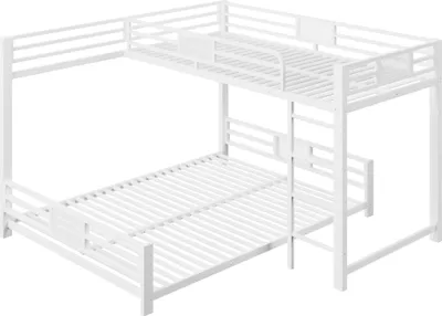 Produktbild von Merax Etagenbett 90x200cm, über 140x200cm, L-förmiges Design, Stockbett, Metallrahmen Kinderbett, Jugendbett, Eisenbett, Weiß