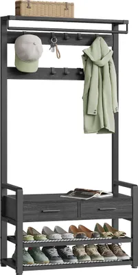 Produktbild von VASAGLE Garderobenständer mit Schuhbank, Garderobe, Schuhaufbewahrung, 2 Schubladen aus Stoff, 10 Haken, 6 seitliche Haken, 30 x 80,4 x 181,6 cm