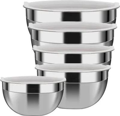 Produktbild von Famanu Rührschüssel Set von 5 - 304 Edelstahl mit Deckeln - Stapelbar - Küchenaccessoires