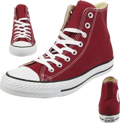 A collage of three images of a pair of red Converse Chuck Taylor All Star high-top sneakers against a white background.