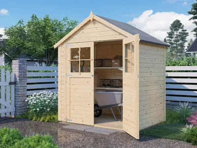 Produktbild von WOODTEX Naturbelassen 181 x 122 cm Gartenhaus Osterfeld 1, 19 mm Wandstärke Fichtenholz, Gerätehaus Mit Satteldach Und Doppeltür, Elementbauweise, Inklusive Fußboden