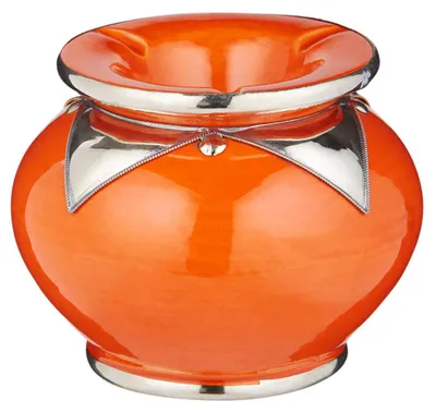 Produktbild von Orientalischer Aschenbecher für draußen mit Deckel Kanita Orange 13cm Groß | Marokkanischer Windaschenbecher aus Keramik Bunt mit Silber Verzierung | Sturmaschenbecher als Geschirr & Dekoration
