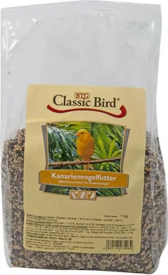 A bag of bird food with a picture of a canary on the label.