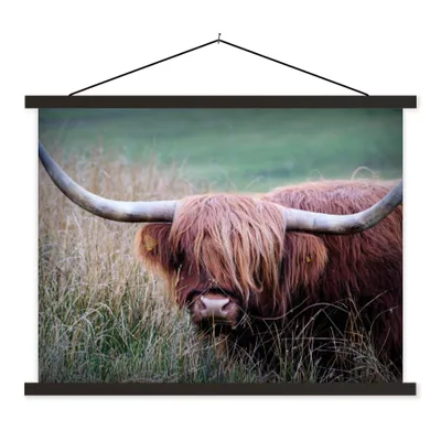 Produktbild von MuchoWow® Textilposter Schottischer Highlander - Hörner - Gras 40x30 cm mit schwarzem Rahmen - Dekorationen