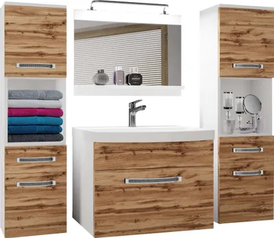 Produktbild von BELINI Badmöbel Vollausstattung Set Waschbeckenschrank, 2x Hochschrank, Waschbecken, Spiegel, Lampe (Wotan Eiche, Matt)