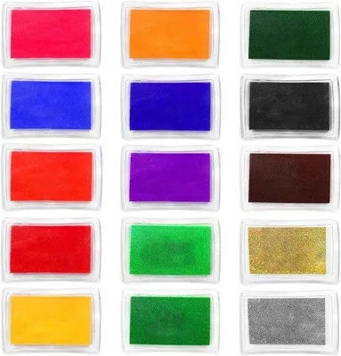 Produktbild von Stempelkussens-Set in 15 Farben für Handwerk und Scrapbooking mit Stempelplatten - Fingerstempel-Farbe für Papier und Stoff - Abwaschbar - DIY-Projektbedarf