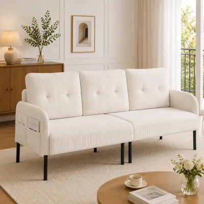 Produktbild von Cord-Dreisitzer Sofa Komfortpolsterung hohe Rückenlehne Seitentaschen Metallfüße 171x72x80 cm beige