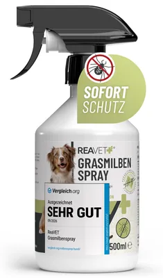 Produktbild von REAVET Grasmilben-Spray 500ml – Schutz & Pflege mit Mandelöl – Grasmilbenspray Anti Milben Spray zur effektiven Abwehr von Insekten, Parasiten