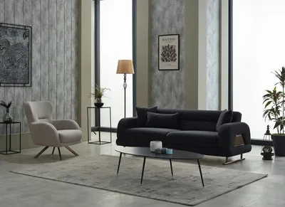 Produktbild von Sofagarnitur Polstersofa Dreisitzer Sessel Stoff Schwarz Sofa Set 2tlg