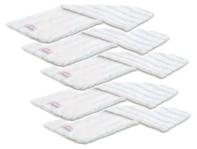 A stack of white microfiber mop pads with blue stripes.