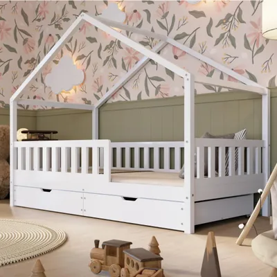 Immagine prodotto di Crazy Pine Letto a Casetta con Cassetto Bianco 90x200 cm – Letto da Pavimento in Legno per Bambini – Cassetto e Barriera Rimovibile – Crazy House