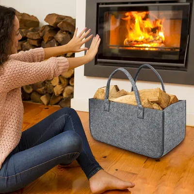 Imagen del producto de QEENTOE - 2 bolsas de fieltro, cesta de fieltro para leña, bolsa de fieltro para leña, bolsa de tela reutilizable, plegable, 50 x 25 x 25 cm, gris claro