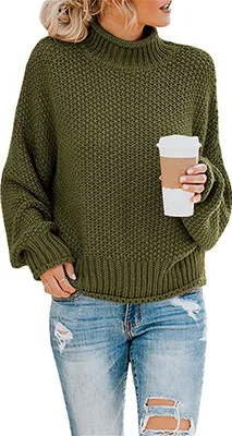 Produktbild von ASKSA Damen Strickpullover Einfarbig Rollkragenpullover Pullover Pulli Knit Sweatshirt, Armeegrün, XL