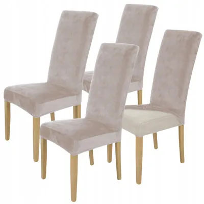 Produktbild von 4 Stück Stuhlhussen Hohe Lehne - Beige - Samt - Universal Stretch Bezug - Stuhlbezug