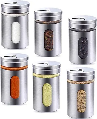 Productafbeelding van Set van 6 kruidentopjes, zilverkleurig, van roestvrij staal, inhoud 100 ml, met kijkvenster en drievoudige doseringsregeling, geschikt voor kruiden/specerijen