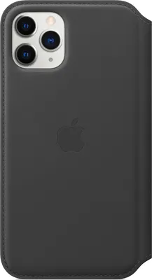 A black leather iPhone case with the Apple logo embossed on it.