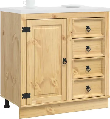 A wooden cabinet with drawers and a door, shown against a white background.