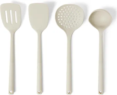 Imagen del producto de Juego de utensilios de cocina de silicona de 4 piezas: cuchara para sopa y espátulas. Resistente al calor hasta 230 °C. Color gris