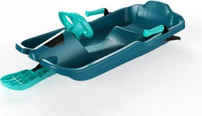 A teal and green plastic sled with a steering wheel, designed for snow.
