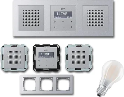 Produktbild von GIRA Unterputz UP RDS Radio 228426 Komplett-Set Aluminium mit 2 x Lautsprecher (Stereo) in 3 fach Rahmen (E2) integriert + Gratis E27 LED Leuchte warmweiß 2700K / 7 Watt