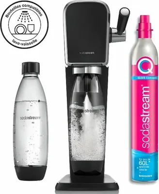 A SodaStream sparkling water maker with a bottle and a CO2 cylinder.